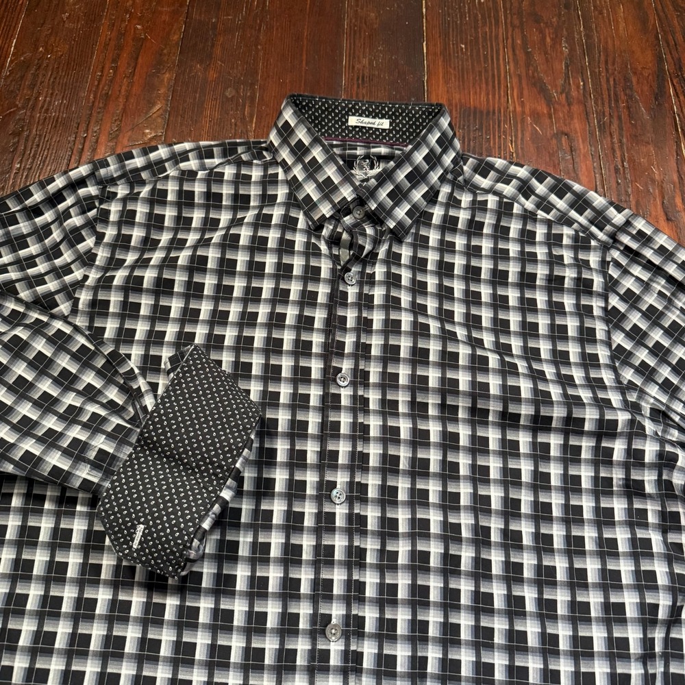 Bugatchi Uomo Shirt Mens Large Black Plaid Geometric Paisley Flip Cuffs - EUC